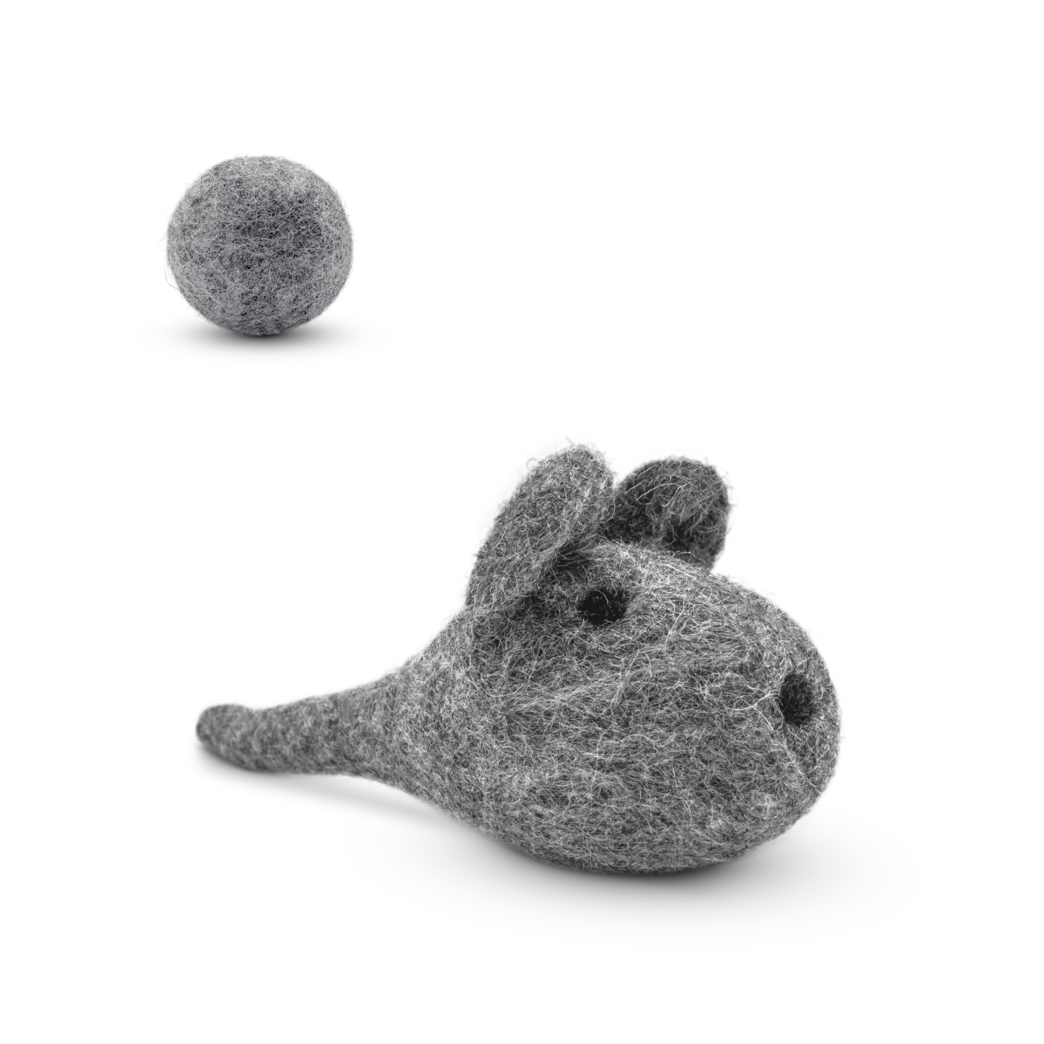 Grey felted wool mouse cat toy with matching wool ball on a light background.