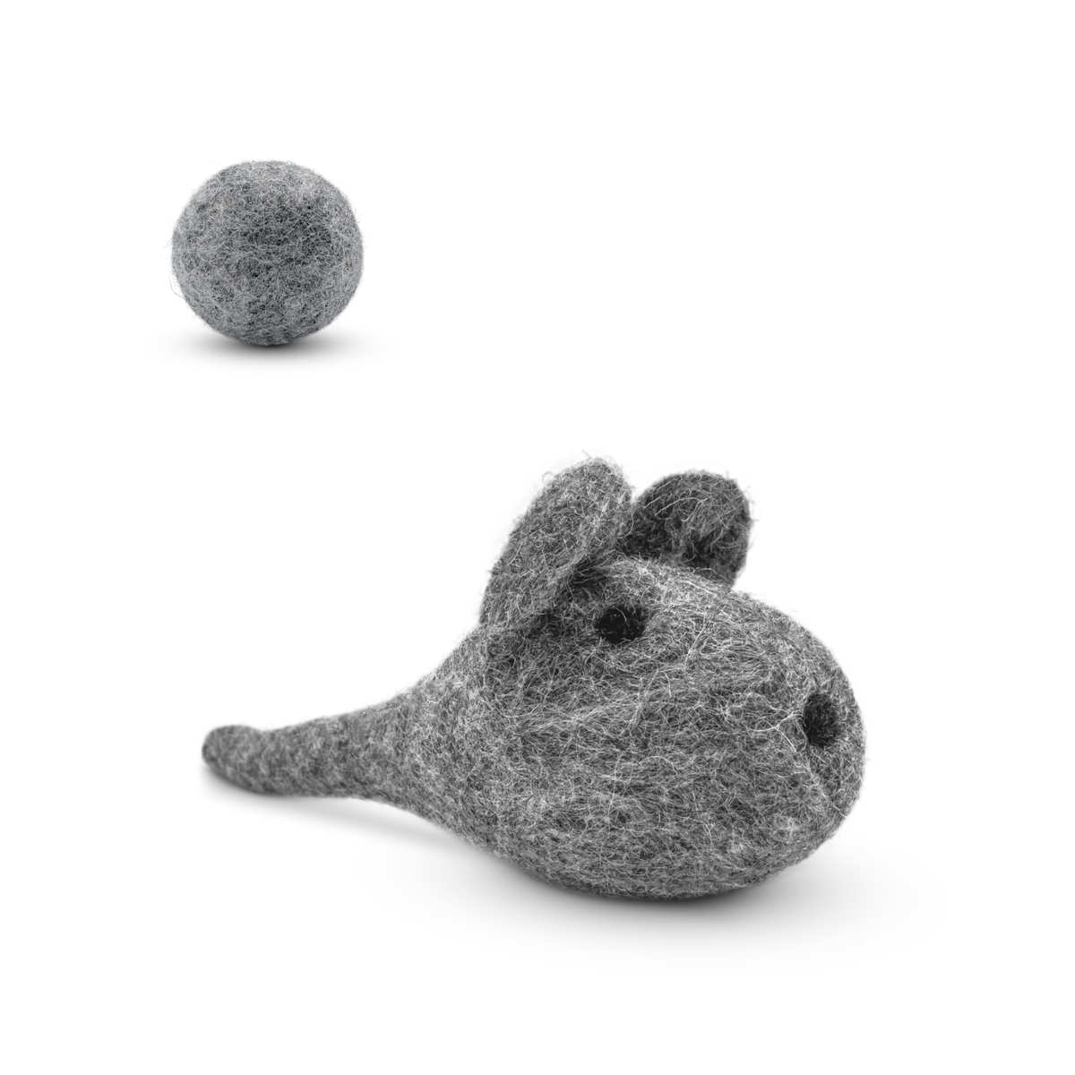 Grey felted wool mouse cat toy with matching wool ball on a light background.