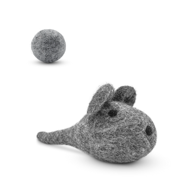 Grey felted wool mouse cat toy with matching wool ball on a light background.