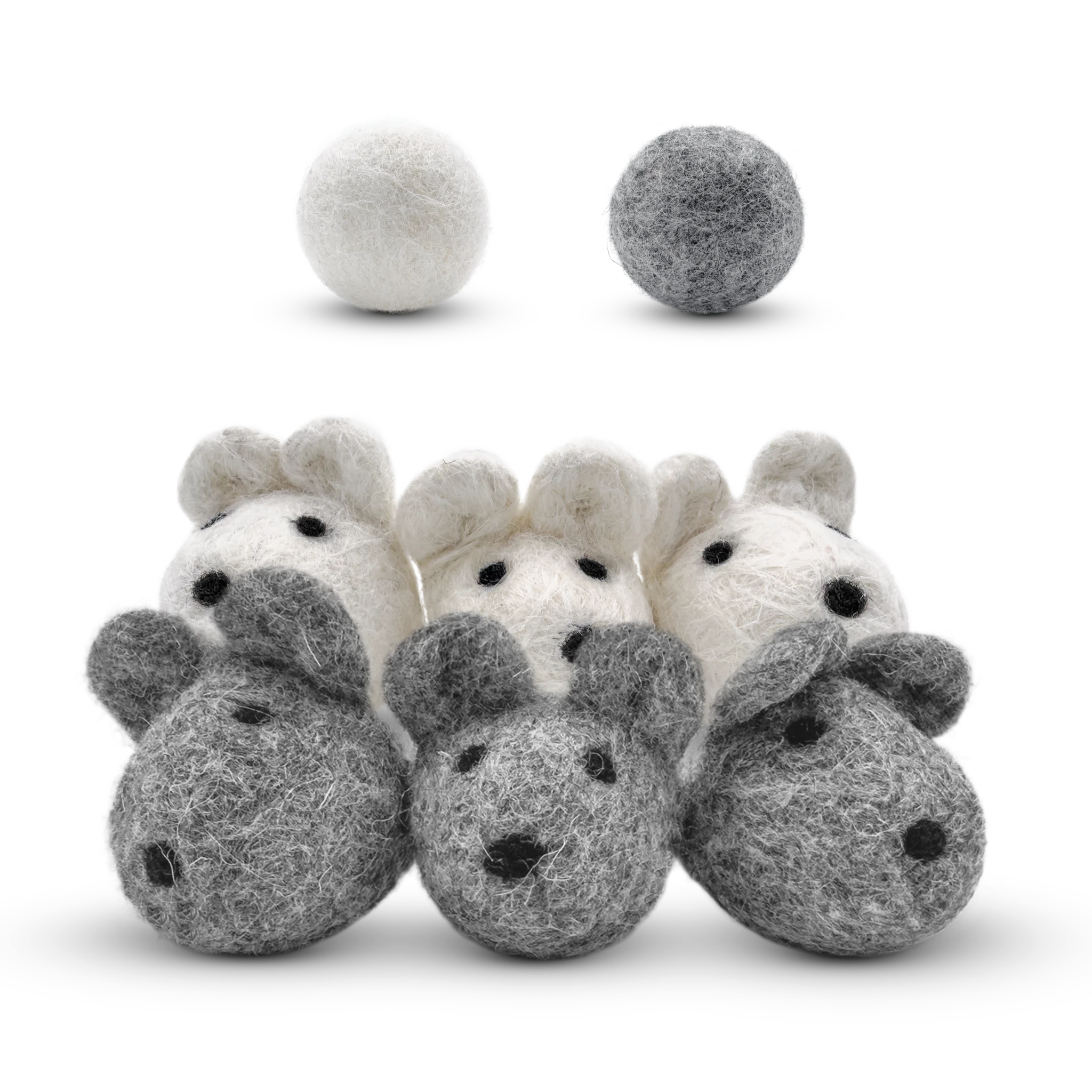Set of grey and white felted wool mouse toys with two wool balls from Kitty Cat Habitat on a light background.