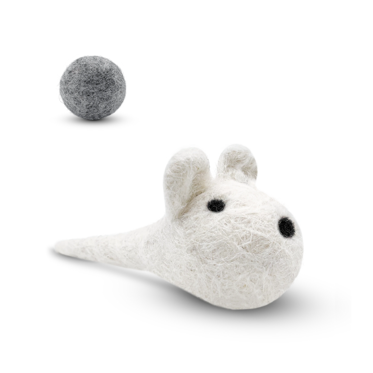 White felted wool mouse cat toy with a grey wool ball on a light background.