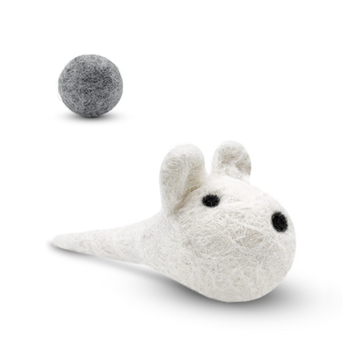 White felted wool mouse cat toy with a grey wool ball on a light background.