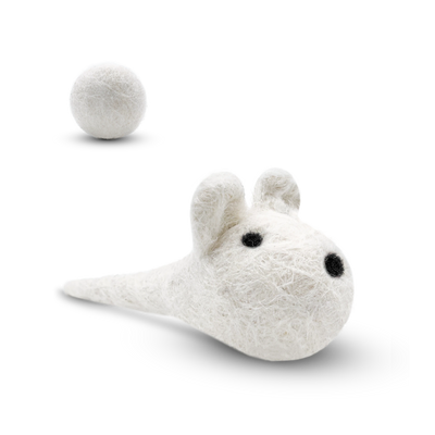 White felted wool mouse cat toy with matching wool ball on a light background.