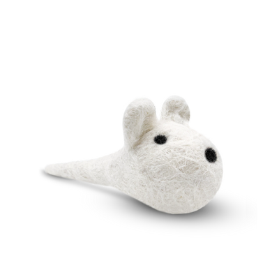 White felted wool mouse cat toy on a light background.