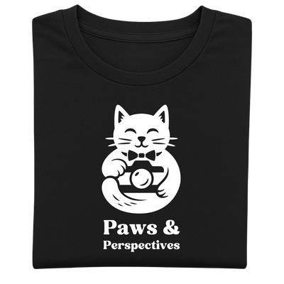 Chest and neckline close-up of black Paws & Perspectives cat graphic t-shirt on a light background.