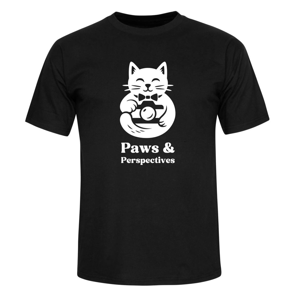 Black Paws & Perspectives cat graphic t-shirt shown on a front-on body mockup on a light background.