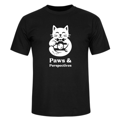 Black Paws & Perspectives cat graphic t-shirt shown on a front-on body mockup on a light background.