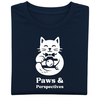 Chest and neckline close-up of navy blue Paws & Perspectives cat graphic t-shirt on a light background.