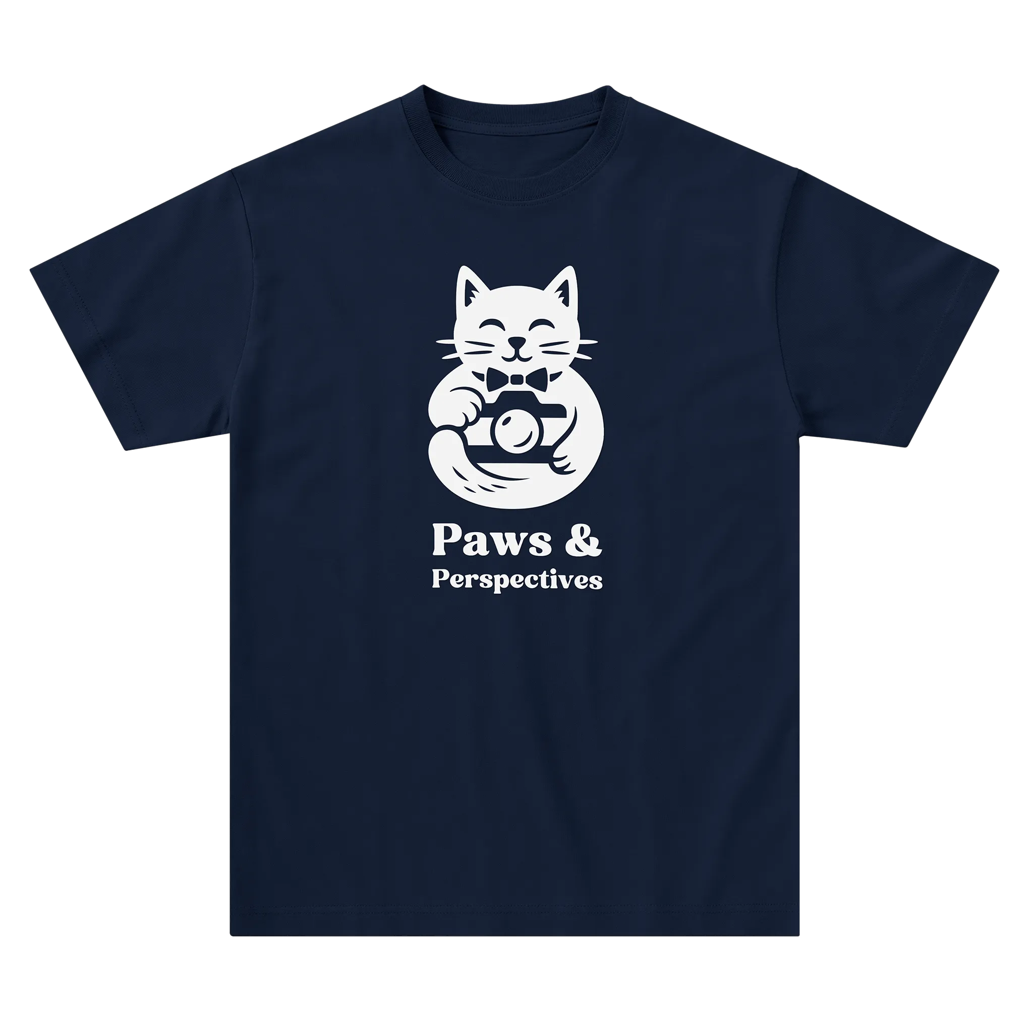 Navy blue Paws & Perspectives cat graphic t-shirt laid flat on a light background.