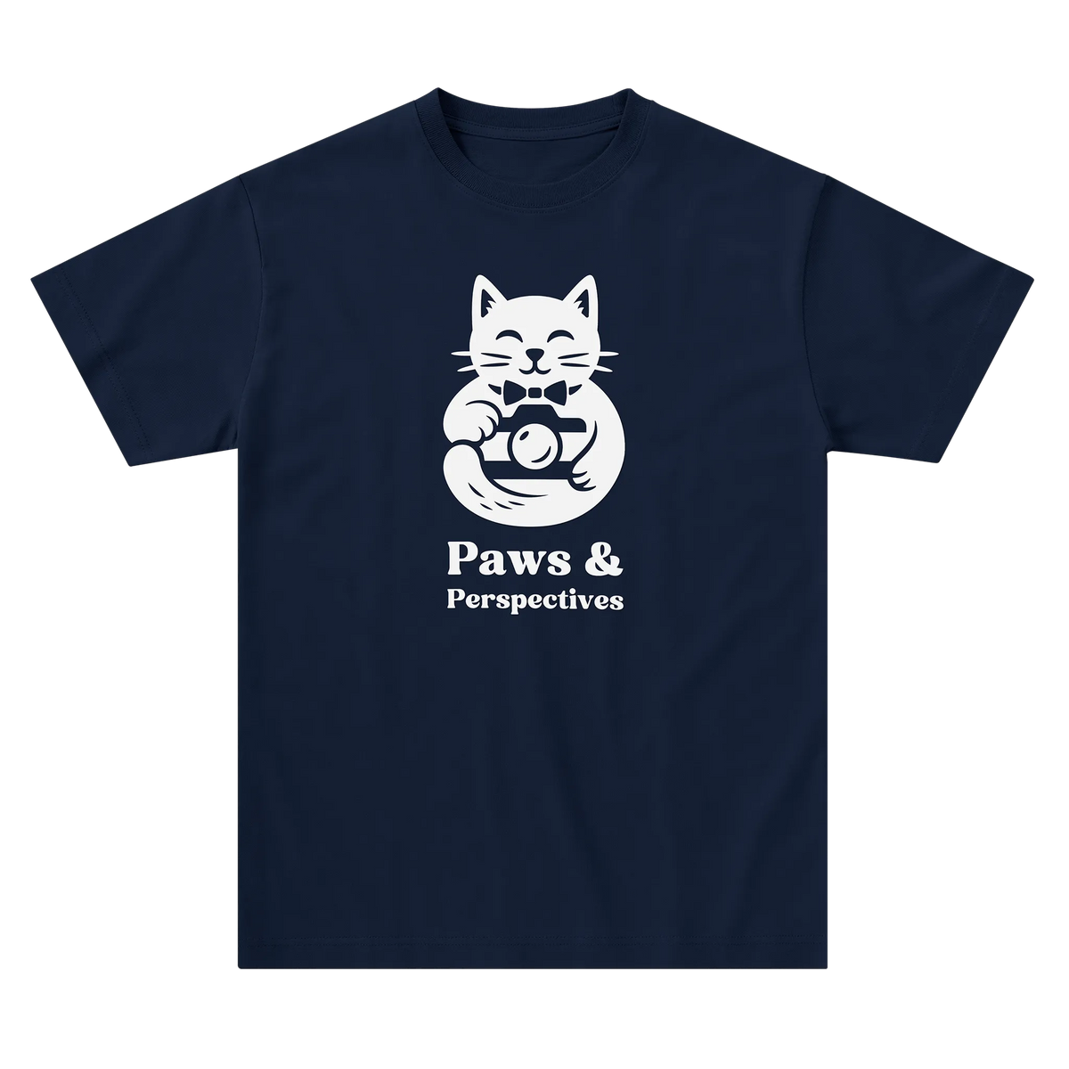 Navy blue Paws & Perspectives cat graphic t-shirt laid flat on a light background.