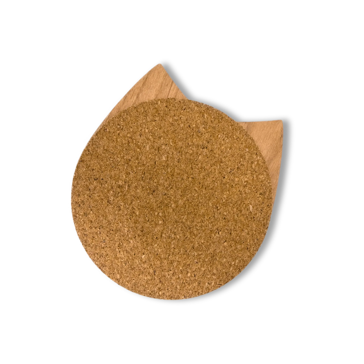Wooden cat head drink coaster with cork backing facing forward and wood side peeking out behind on a light background.